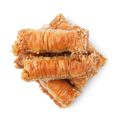 Eastern sweets. Pieces of tasty baklava isolated on white, top view