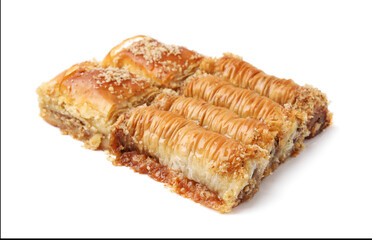 Eastern sweets. Pieces of tasty baklava isolated on white