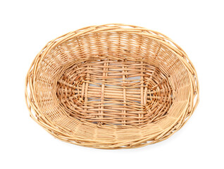 One empty wicker bread basket isolated on white, top view