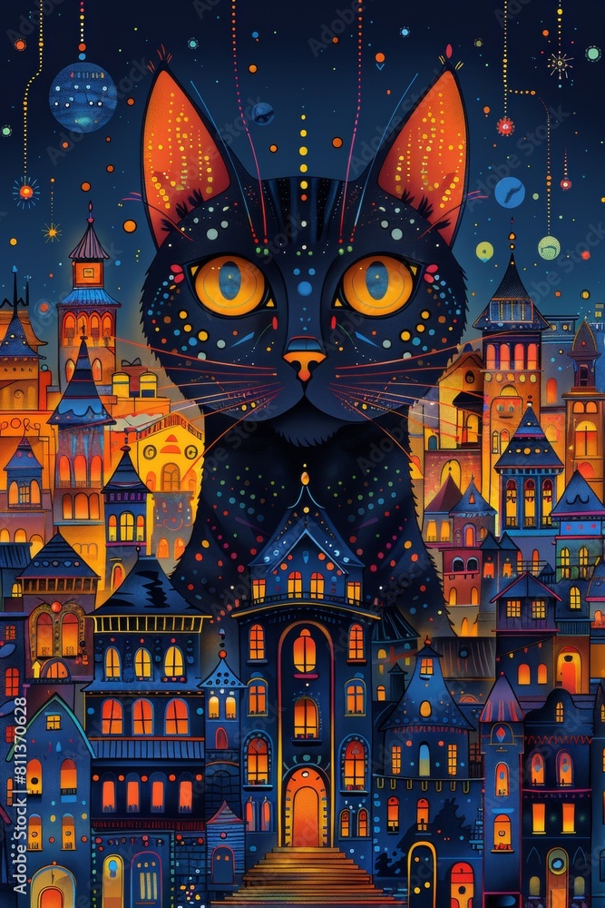 Wall mural a painting of a cat in front of an urban cityscape, ai