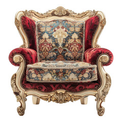 Luxurious Vintage Red and Gold Armchair with Ornate Details. Concept studio  product photography for design and print