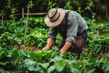 Green Thumb: Farmer Tending to Vegetable Garden with Plant Treatments