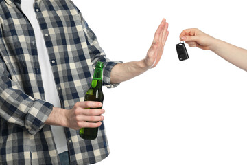 Man with bottle of beer refusing drive car while woman suggesting him keys on white background,...