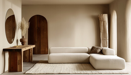 Living room interior with sofa in wabi sabi style
