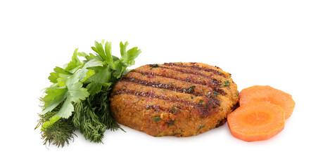 Vegetarian product. Tasty carrot cutlet and ingredients isolated on white