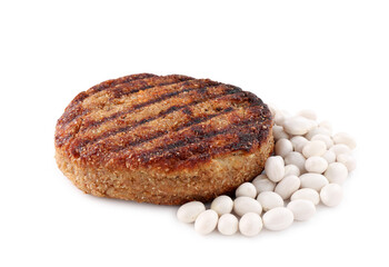 Vegetarian product. Tasty bean cutlet and ingredients isolated on white