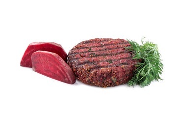 Vegetarian product. Tasty beetroot cutlet and ingredients isolated on white