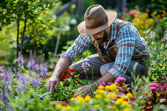 Skillful Gardener Perfecting Newly Designed Garden Oasis