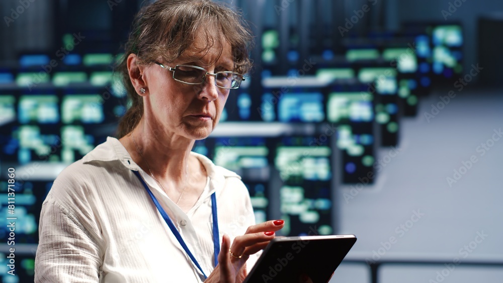 Poster octogenarian developer in high tech space equipped to handle modern computing requirements, doing re