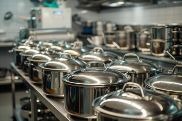 Bustling Kitchen: Shiny Stainless Steel Pots in Professional Restaurant Setting