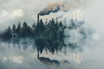 Double Exposure: Factory Smoke Polluting Forest - Environmental Impact Concept