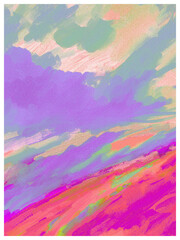 Colorful Impressionistic, Almost Abstract Cloudscape with Pathway or trail Digital Painting, Art, Artwork, Illustration or Design with Texture in Purple, Orange, 