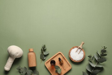 Different aromatherapy products and eucalyptus leaves on olive background, flat lay. Space for text