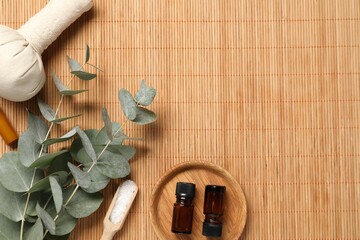 Different aromatherapy products and eucalyptus branches on bamboo mat, flat lay. Space for text
