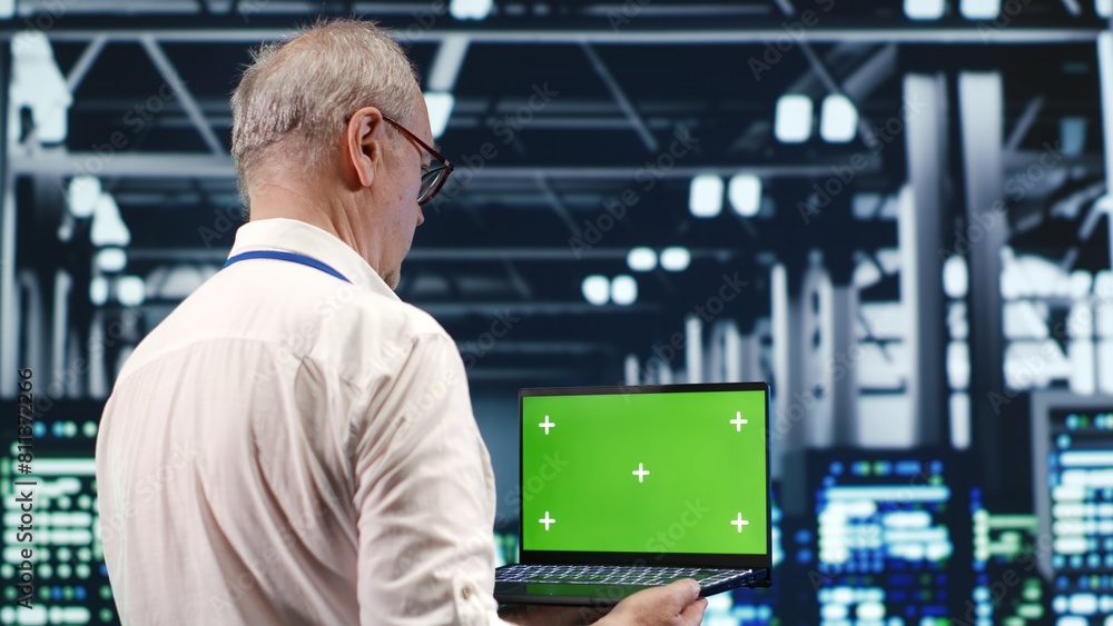 Poster capable it professional navigating network of server clusters in industrial hub. expert with green s
