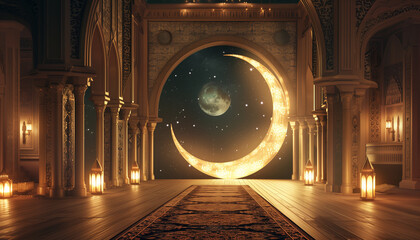 Crescent With Light On Floor With Ramadan Theme Background - an Image featuring a crescent shape illuminated on the ground in front of an Ramadan themed backdrop.