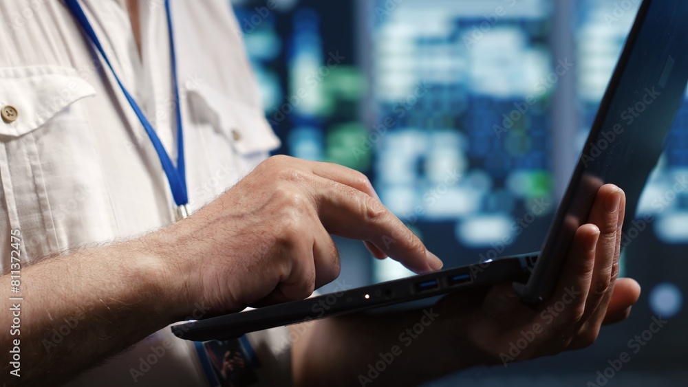 Poster competent it professional navigating network of supercomputers in industrial server hub. expert with
