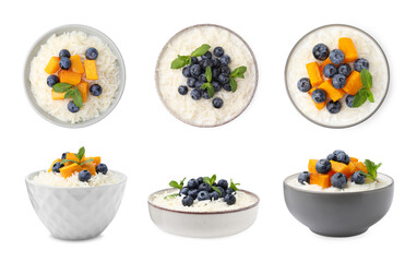 Set with tasty rice in bowls isolated on white, top and side views