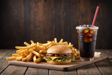 fast food and unhealthy eating concept - close up of fast food snacks and cola drink on wooden table - Powered by Adobe