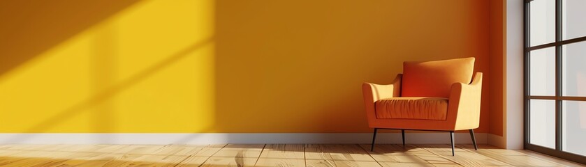 Photo of a bright, sunny, and minimalist living room with a single orange armchair