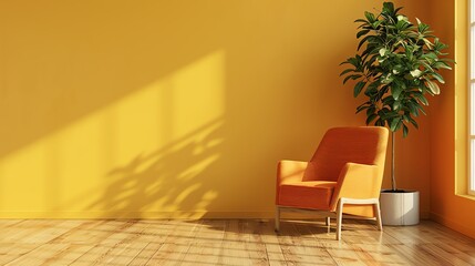 Photo of a bright, sunny room with a large potted plant and a comfortable armchair