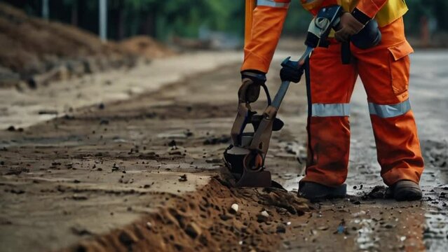 Construction Worker in Safety Gear Operating a electric demolition on Roadside