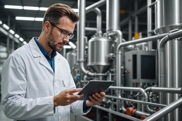 Concept food industry banner. Factory worker inspecting production line tanker in of dairy factory with computer tablet.