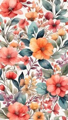 Seamless Endless Hand Drawn Watercolor Abstract Floral and Small Flowers Leaves Pattern Isolated Background
