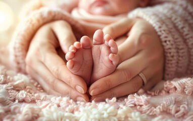Adult hands cradling a newborn's feet in a soft, warm embrace.