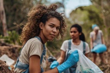 - Community Cleanup: Diverse group of volunteers working together to clean up nature park- Dedicated volunteers making a difference by cleaning up trash in local park- Taking action
