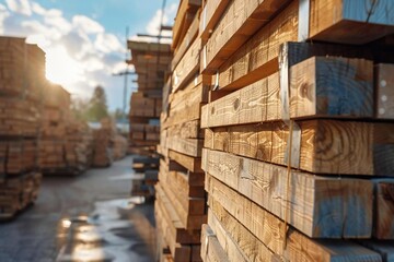 Bundles of Potential: Stacked Wooden Planks in Lumberyard for Construction Projects
