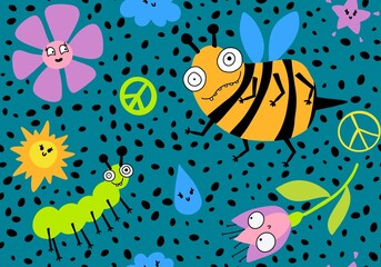 Cartoon summer print seamless bee and flower and sun and clouds and peace sign