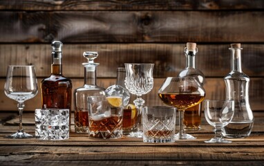 An assortment of fine spirits and elegant glassware on a rustic wooden backdrop.