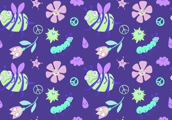 Cartoon summer print seamless bee and flower and sun and clouds and peace sign