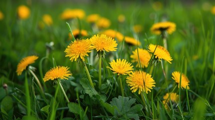 Many small yellow dandelions growing in the wild meadow alongside grass