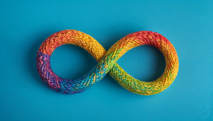 Naklejka premium Autism awareness day concept - rainbow infinity symbolizing neurodiversity on blue background
