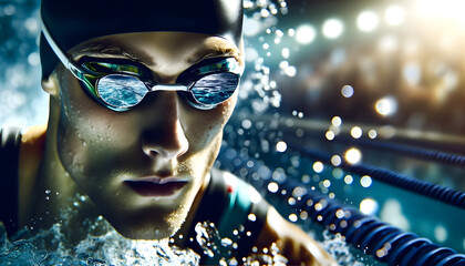 Nageur avec équipement de natation  lunettes et bonnet de bain en course