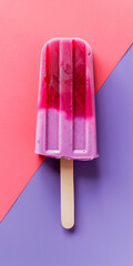 Ice cream on wooden stick with a pink and purple background. Vertical view of berry popsicle advertising poster.