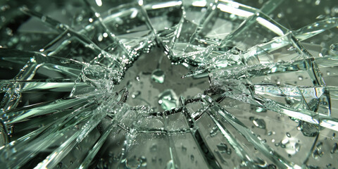 Close-up of broken glass with a round object.