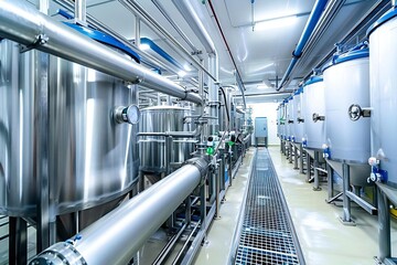 Obraz premium Modern Milk Processing Plant with Pasteurization Tank and Machinery