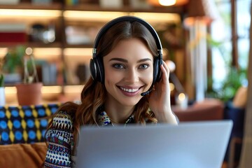 Smiling woman enjoying video call with laptop and headphones