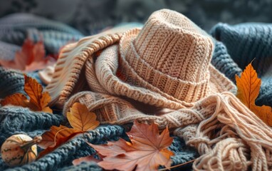 Autumn fashion accessories and clothing with fall leaves.