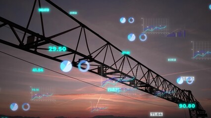 Construction crane at sunset with Infographics digital data animation. Business statistics real...