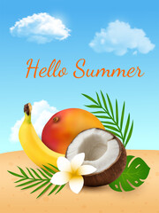 Summer bright poster with beach and fruits. hello summer poster