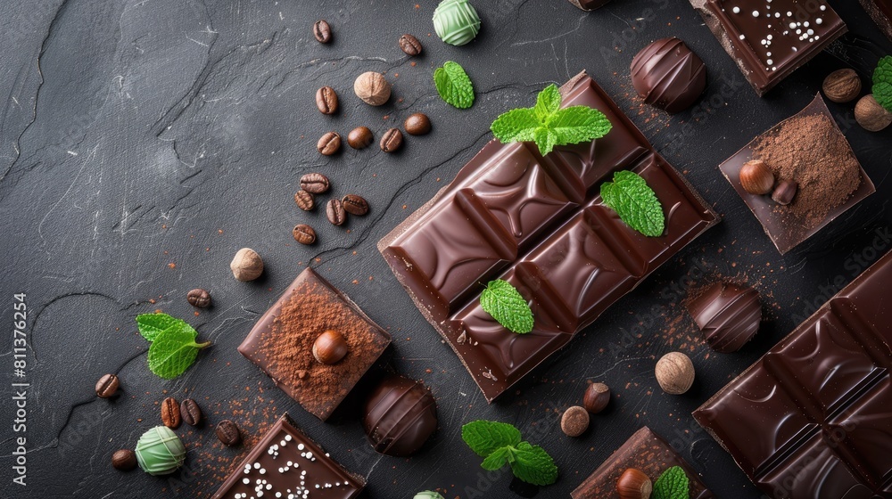 Aufkleber on a sleek dark gray tabletop a tempting array of chocolate adorned with hazelnuts mint leaves and c