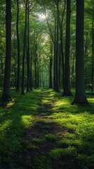Fototapeta premium quiet nature landscape narrow nature trail in green forest with sunlit, vertical 9:16 ratio background, beautiful nature , Generative Ai