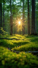 quiet nature landscape narrow nature trail in green forest with sunlit, vertical 9:16 ratio background, beautiful nature , Generative Ai