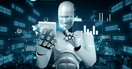 MLP 3d illustration Future financial technology controll by AI robot huminoid uses machine learning and artificial intelligence to analyze business data and give advice on investment and trading