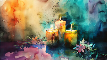 Watercolor painting of  burning candles on a table with watercolor background. Ai generative.