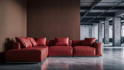 Red modular corner sofa against blank brown stucco wall with copy space. Loft interior design of modern living room, home.

